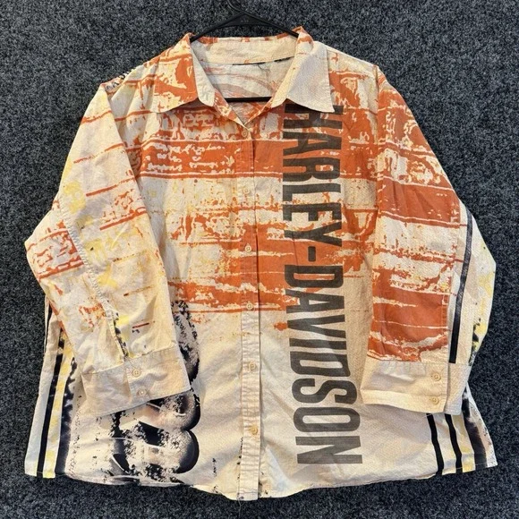 Harley Davidson L/S Button Up Shirt Cream /Orange Color Womens 2XL Nevada Co - Picture 1 of 8